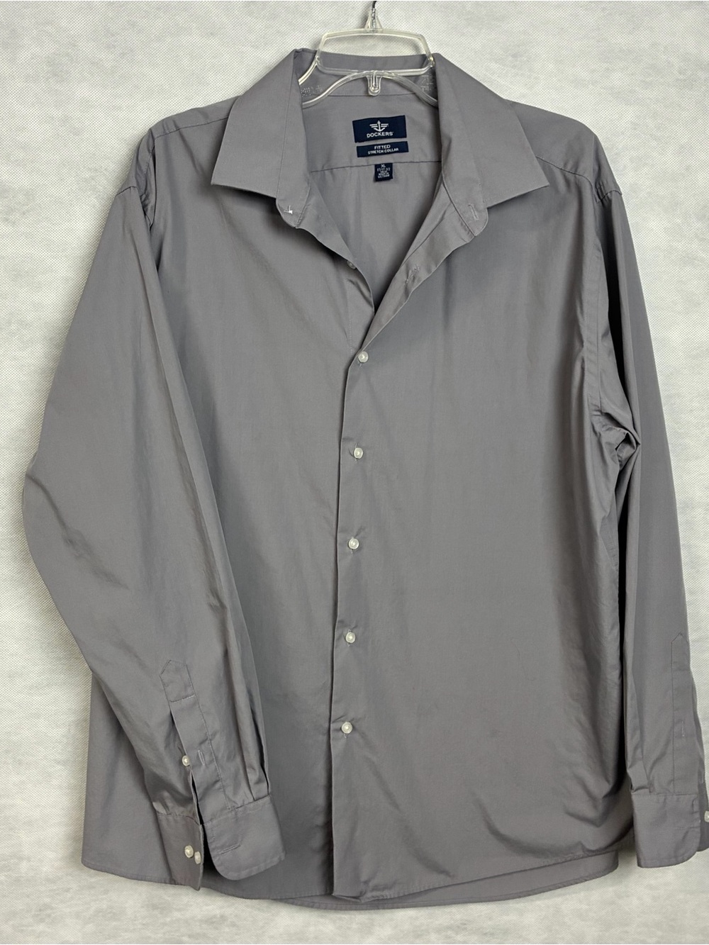 Dockers Fitted Stretch Collar Gray Mens Shirt Size XL 17/17 1/2 34/35 Flaw